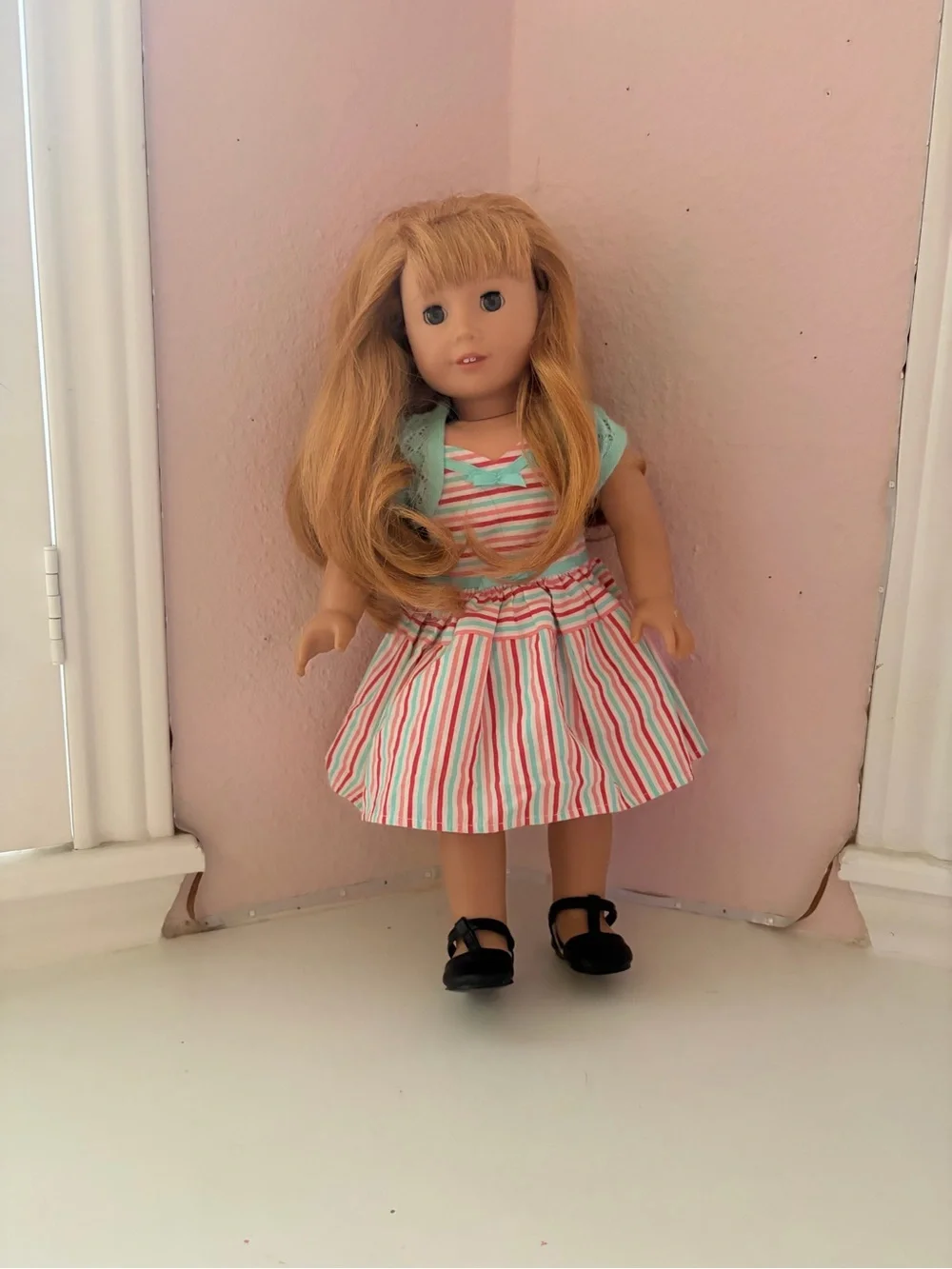 American Girl doll, Pink & Teal Striped Dress,cardigan and original clothing